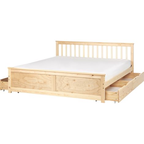 Cama con somier de madera de pino MDF minimalista con almacenaje 4 cajones 180 x 200 cm marrón claro Olendon