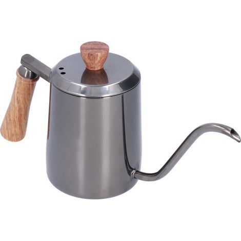 Cafetière manuelle en acier inoxydable 600 ml, bec verseur long et étroit, poignée en bois, grise (1/5)