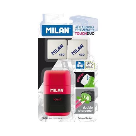 Sacapuntas milan compact touch duo plastico 2 usos con goma + 2 recambios de goma en blister