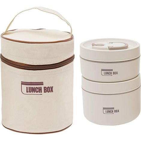 Lot de 2 boîtes à déjeuner thermiques en acier inoxydable avec sac, récipient isotherme pour nourriture, anti-fuite pour la maison, le bureau, les pique-niques (beige-440 ml et 600 ml) (1/5)