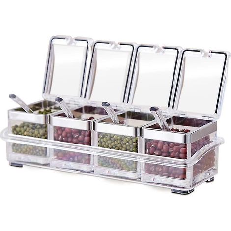 Tenta Kitchen Gourmet Set Of 4 Acrylic Spice Compartments With 4 Serving Spoons Ideal For The Kitchen (1/5)