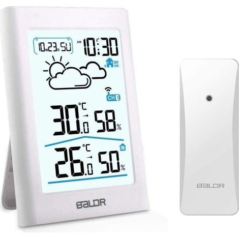 Drahtlose Wetterstation, Innen- und Außenthermometer, Hygrometer, Barometer mit Sensor, LED-Hintergrundbeleuchtung, Digitaluhr, Wecker- und Schlummerfunktion, Anzeige von Uhrzeit, Datum und Wochentag 