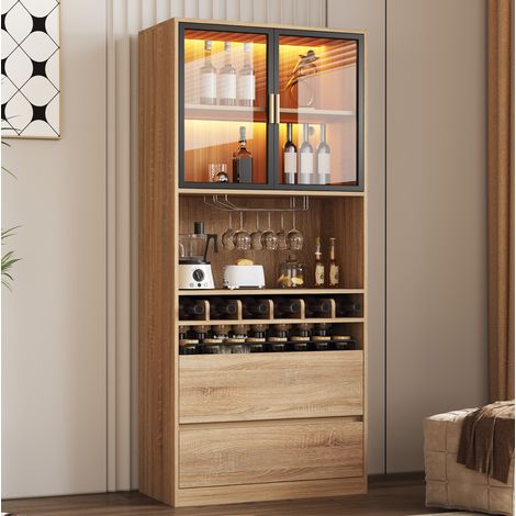 Armoire vitrine de salle de bain avec portes vitrées et éclairage LED, 180 cm, MDF naturel (1/5)