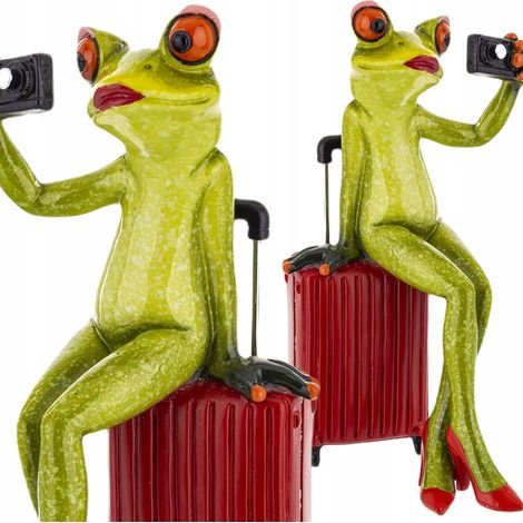 Figura de una rana con una maleta, una rana turista de viaje, una selfie, 16,5 x 8 x 8 cm (1/5)