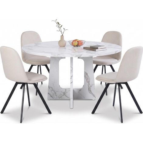 FurnitureR 5-teiliges Essset mit MDF-Rundtisch und 4 Drehstühlen, 120-cm-MDF-Tisch mit weißer Maserung und 4 beigen Drehstühlen mit hoher Polsterlehne und Metallbeinen (1/5)