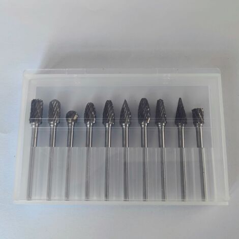 10Pcs Fraises Rotatives en Carbure de Tungstène, Ensemble de Double Coupe Fraise Lime Burre Rotative à Queue 3mm, Kit d'Outils pour Polissage Perçage Meulage Gravure des Métaux Bois Jade (1/4)