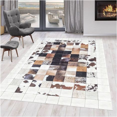 Tapis patchwork imitation cuir lavable en machine Nola Blanc 120x170 (1/5)