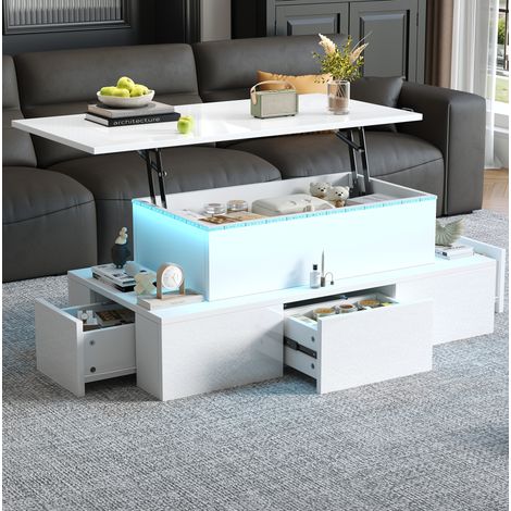 Tavolino da salotto sollevabile 100x50x40 cm bianco con LED e 4 cassetti, MDF, vano nascosto MEUBLIV (1/5)