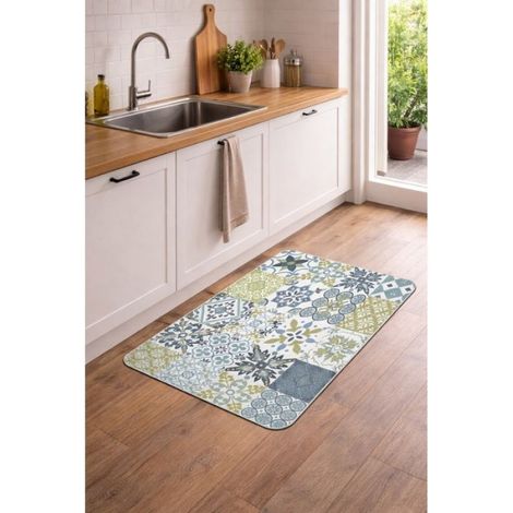 Tapis de cuisine décoratif motif carreaux 45 x 75 cm vert (1/2)
