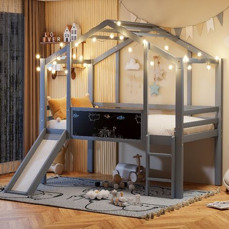 Kinderbett 90x200 cm Hochbett mit Rutsche, Tafel und Leiter, Massivholz Spielbett im Haus-Design, platzsparendes Hausbett für Kinderzimmer Grau (1/5)