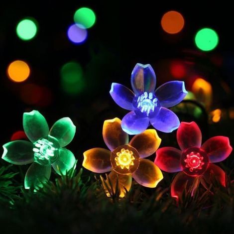 Guirlande lumineuse - Solaire - 7m - 50 LED - 8 Modes - Bleu - Fleurs de Cerisier bleu, rose (1/4)