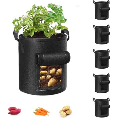 5er-Set Pflanzsäcke, Gartensäcke mit verstärkten Griffen, Vliestöpfe für Tomaten, Gemüse und Obst, Schwarz