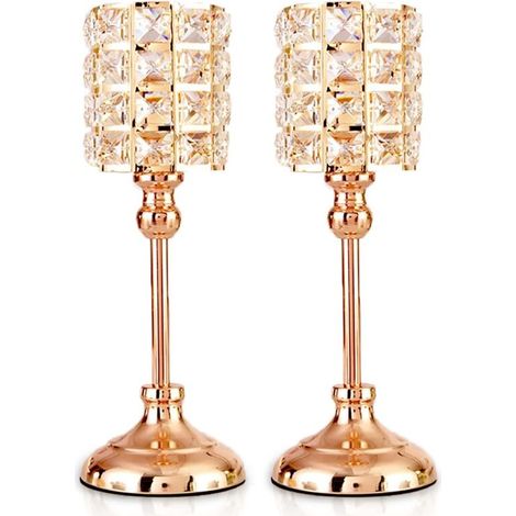 Portacandele in cristallo color oro, set da 2, cilindri per lumini in metallo, candelabri di lusso, altezza 29,5 cm, portacandele, ornamenti per Natale, soggiorno, matrimonio, centrotavola (medio) - C