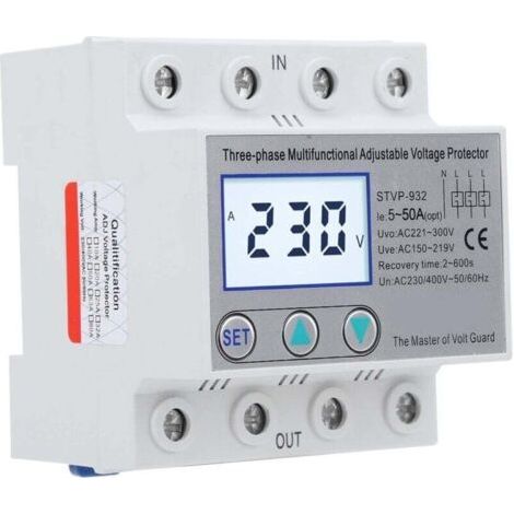 STVP-932 Überspannungsschutz 230 V/400 V AC, einstellbares automatisches Spannungsschutzgerät, Multifunktions-LCD, dreiphasiger elektrischer Leistungsschalter (50 A)