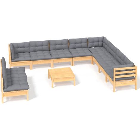 Juego de muebles de jardín 11 pzas y cojines madera maciza pino vidaXL (1/5)