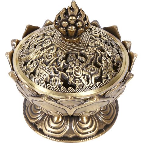 Bruleur Encens Charbon, Alliage de Zinc Brûleur d'encens vintage en forme de lotus Charbon Encens Cone Encensoir pour Domicile Bureau- 2,71 x 7 cm - Bronze. (1/5)
