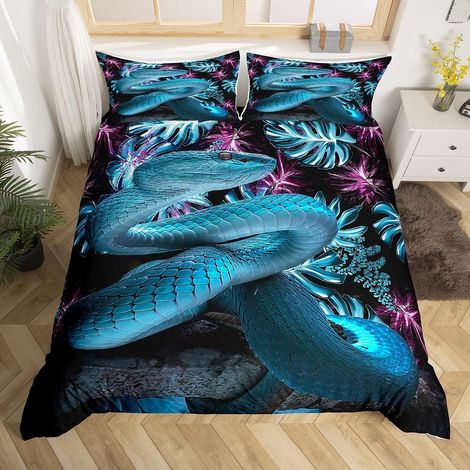 Snake Parure de Lit 140x200cm Violet Bleu Palm Leaf Parure Housse de Couette pour Enfants Filles Hommes Tropical Reptile Thème Housse de Couette 3D Python Sauvage Animaux Élégant Room Decor 2Pcs - 140 (1/5)