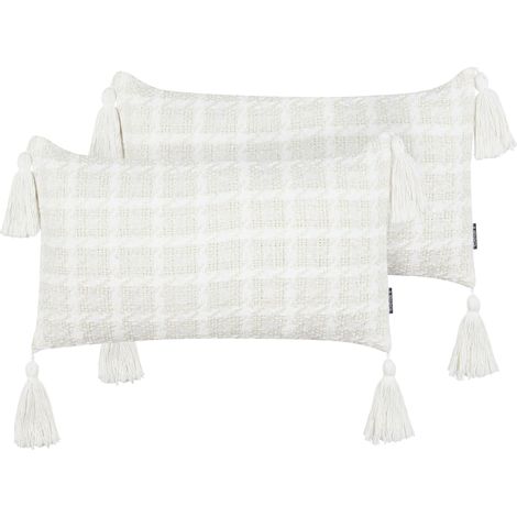 Ensemble de 2 Coussins en Coton 30 x 60 cm Housses à Carreaux Salon Chambre Bureau Beige Douris