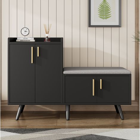 Panca portascarpe 120x34x82,8 cm in truciolare nero, 4 ante, per ingresso – MEUBLIV (1/5)