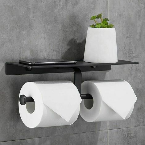 Porte-rouleau de papier toilette sans perçage avec support pour téléphone portable, support mural double pour salle de bain (noir) (1/5)