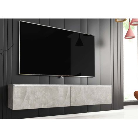 Deco In Paris – Meuble TV contemporain gris béton avec LED – 2 portes – Dimensions 140x33x30 cm – Panneaux agglomérés 15mm – Passe-câbles intégrés (1/4)