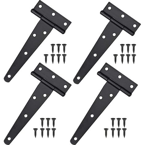 Juego de 4 bisagras en T negras, 5 pulgadas, juego de bisagras en T inoxidables con tornillos, bisagras resistentes para puertas de granero, para ventanas, cercas y cobertizos. (1/5)