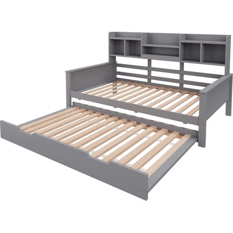 Canapé-lit extensible 90200CM en bois massif, lit gigogne 90190CM, avec compartiment de rangement et sommier à lattes, lit multifonction en pin, lit simple, gris (1/5)