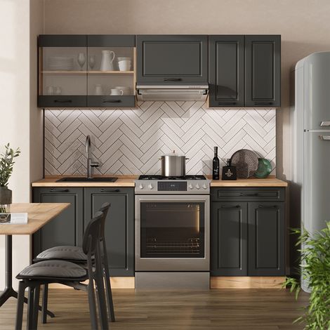 Cucina componibile R-Line, Antracite rustico/rovere dorato, 200 cm , PL Marmo, Vicco