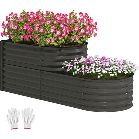 Dark Grey Two-Tier Galvanized Steel Garden Planter for Stylish Outdoor Décor and Plant Display (1/5)