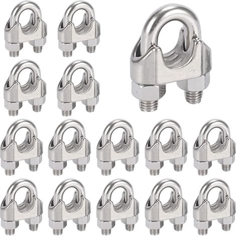 Morsetto per cavi in acciaio M6 da 16 pezzi, morsetto per cavi in acciaio inossidabile 304 con bullone a U, clip per cavi in metallo, per fune in acciaio da 6 mm, fune