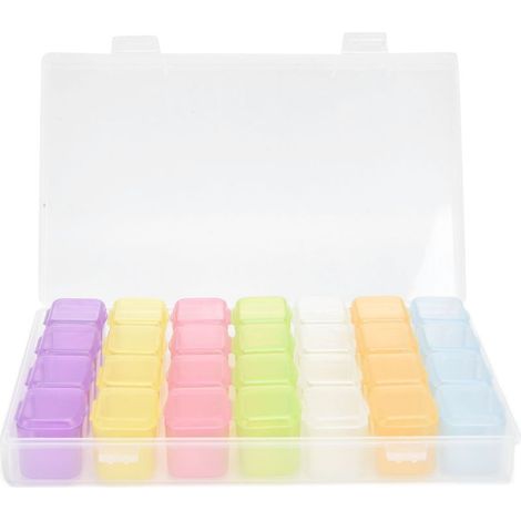 Tragbare, zusammenfaltbare, transparente Aufbewahrungsbox aus Kunststoff mit 28 Fächern für kleine Gegenstände wie Ohrringe, Halsketten und Medikamente. (1/5)