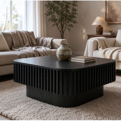75cm Square Fluted Coffee Table with Hidden Storage, Solid Wood Veneered Modern Cocktail Table, 5-Minute Easy Assembly Accent Tea Table for Living Room, Bedroom, Apartment or Office, Black (1/5)