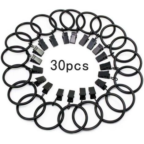 30 Stück Gardinenringe mit Clip, Edelstahl-Vorhangringe zum Aufhängen für Gardinenstangen, 32 mm Innendurchmesser (schwarz)