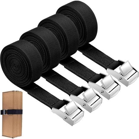 Sangle Arrimage, 4 Pièces, Kit de Fixation avec Sangle de Serrage Boucle de Serrage, sangles d'arrimage, sangles de fixation pour vélo, moto, Voiture, bagages de transport, noir, 2M x 20mm (1/5)