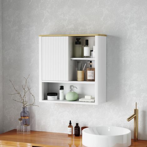 Armoire de Salle de Bain Murale avec Porte Coulissante 5 Compartiments et Étagères Ajustables 60x20x62 cm Blanc