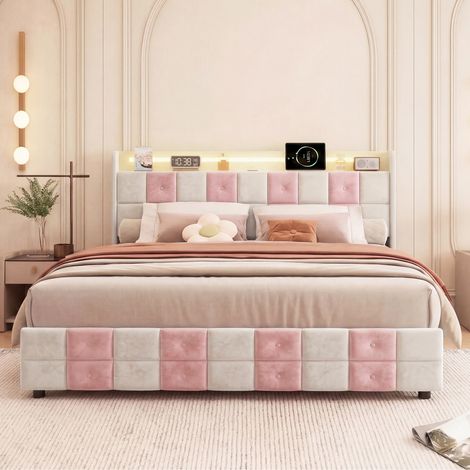 Polsterbett 160x200 cm mit Schubladen, RGB-LED und USB-Ladeanschluss, modern, Samt, Rosa