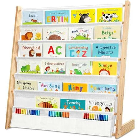 Bibliotheque Enfant en Bois Massif à 6 Niveaux, Bibliothèque pour Enfants, Présentoir Livres Bebe avec poche pour Chambre d’Enfant,Garderie, École Maternelle, Couleur Bois 753079 cm Meuble Montesso (1/5)