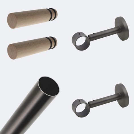 Kit de tringle à rideaux Carbone 200cm Diam.28mm Embout Cylindre Droit Bois - Fixation Mur - Boulet (1/3)