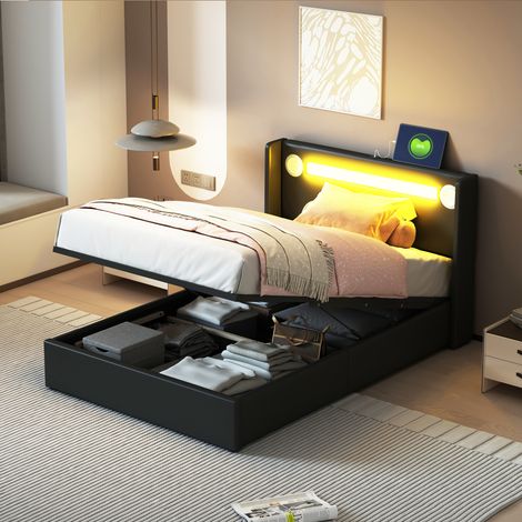Letto Bambino 90×200 cm, Letto Singolo con Contenitore, LED e Altoparlante Bluetooth e USB, senza Materasso, in Ecopelle, Nero (1/5)