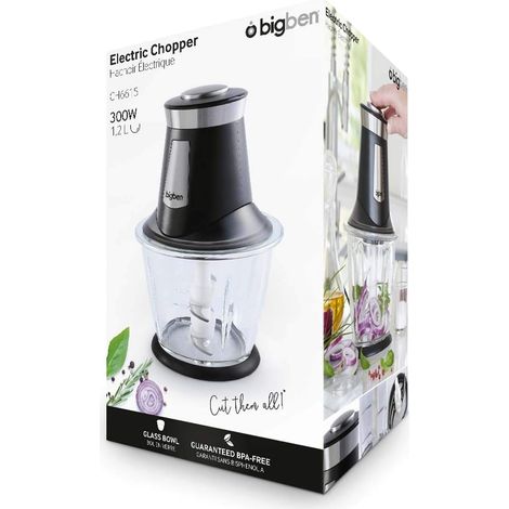 BIGBEN Hachoir Electrique, Mini Hachoir Cuisine 300 W avec Bol en Verre 1,2 L, lame en Acier Inoxydable, Pieds Antidérapants, Accessoires Lavables Lave-vaisselle - CH6615 (1/3)
