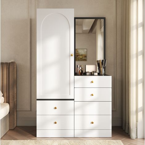Tavolo da Trucco con 1 Porta, 4 Cassetti e Specchio, Sgabello Estraibile, per Camera, MDF, Nero e Bianco, 90×50,5×160 cm (1/5)