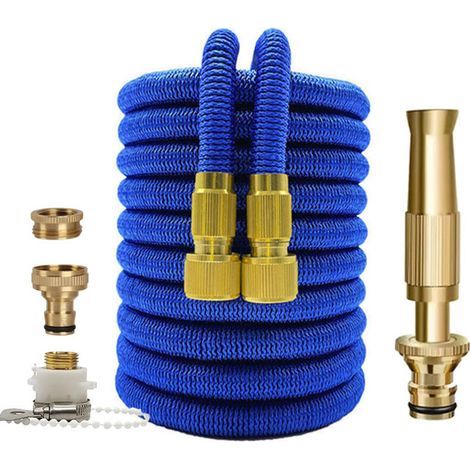 Tuyau d'Arrosage Extensible 25FT (7,5m) - Tuyau Tressé Bleu avec Buse Jet en Laiton, Kit Complet -lsw (1/4)