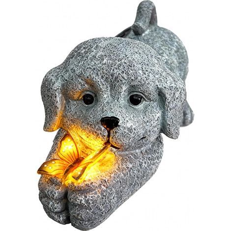 Statue de Chiot à énergie Solaire, Papillons Lampes solaires pour extérieur, Figurine de d'animal décorative pour Jardin, Sculpture en Résine étanche, Figurine d'extérieur pour Patio Pelouse Porche (1/2)