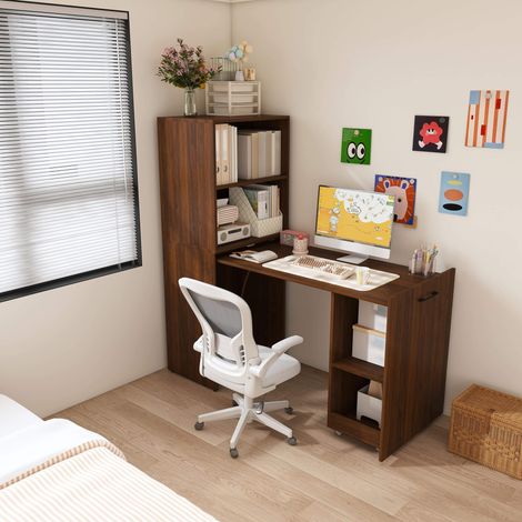 Bureau extensible avec armoire de rangement – Table pliante compacte – Étagères réglables en hauteur – 136×126×55 cm – Noyer foncé – Idéal pour petits espaces (1/5)