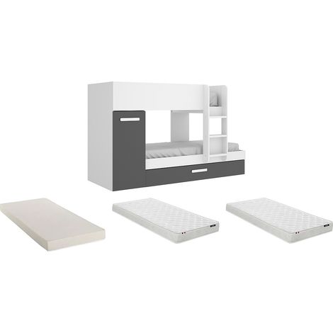 Lits superposés avec tiroir lit gigogne et rangements 3 x 90 x 190 cm - Anthracite et Blanc + matelas - ANTHONY (1/5)