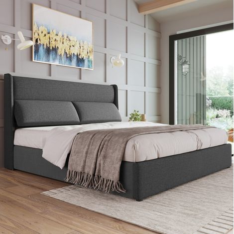 Letto matrimoniale 160x200 cm in lino grigio con testiera regolabile e contenitore idraulico (1/5)