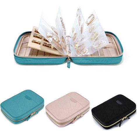 Organisateur de bijoux de voyage 3 pièces, organisateur de bijoux portable multizone, vert noir rose (1/4)