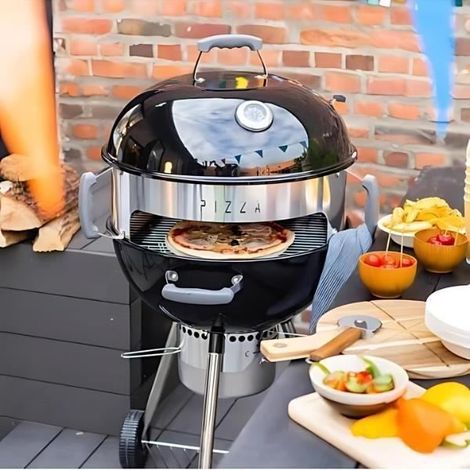 Four à pizza et barbecue - Marque Modèle - Acier plaqué argenté - 54 cm Ø - 80 cm H