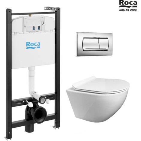ROCA Active pack cisterna y pulsador cromo brillo con inodoro suspendido round de Koller Pool blanco tapa fina (1/5)