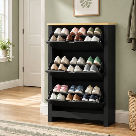 Schuhschrank mit 3 Klapptüren, 2 Ebenen, 72 x 26 x 112 cm, Schwarz und Holz, OKMYHOME (1/5)